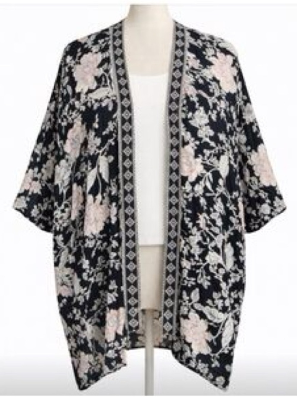 LOFT Black & Blush Floral Open-Front Kimono